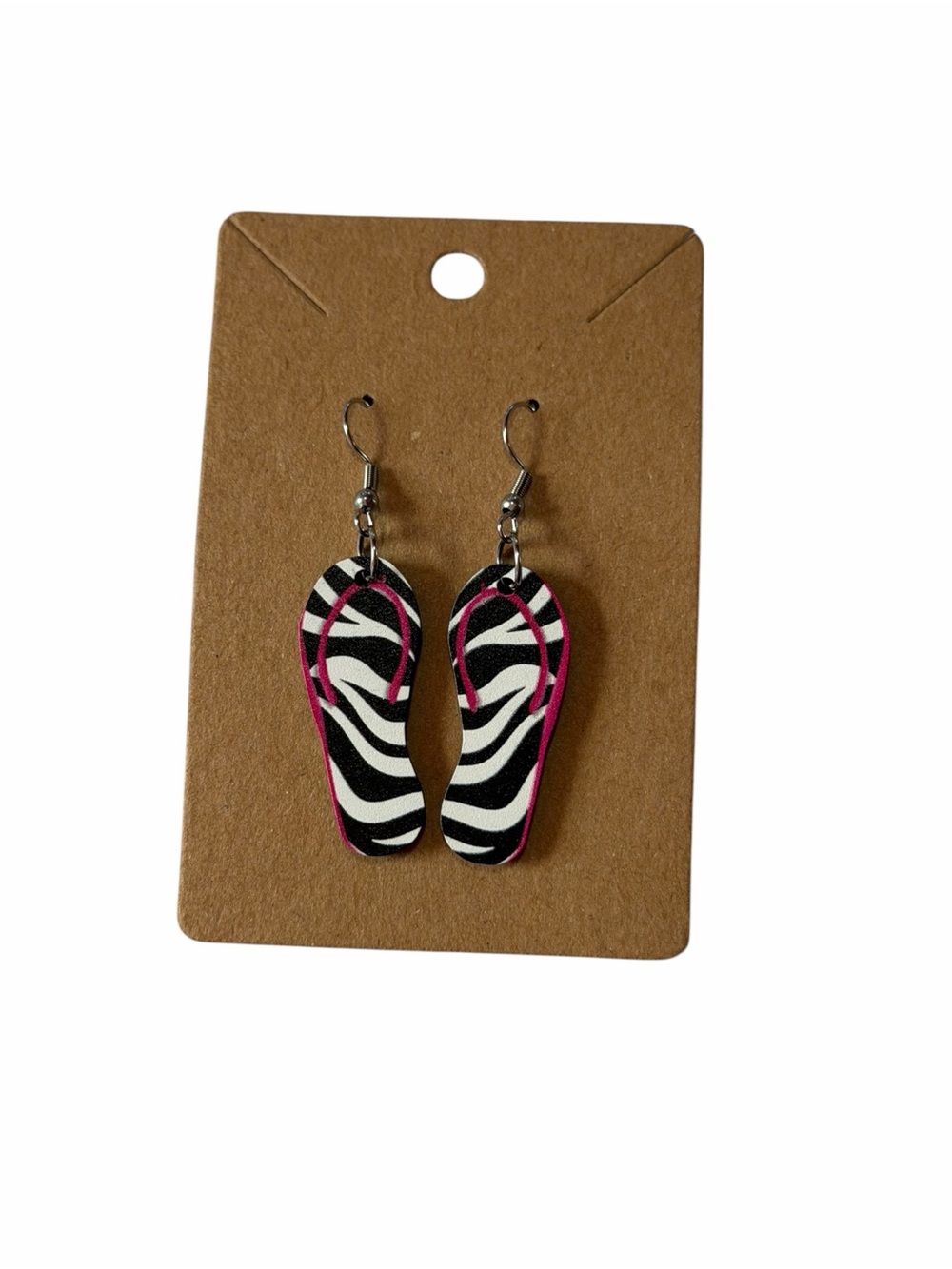 Zebra Print Flip Flop Dangle Earrings — Pink & Black
